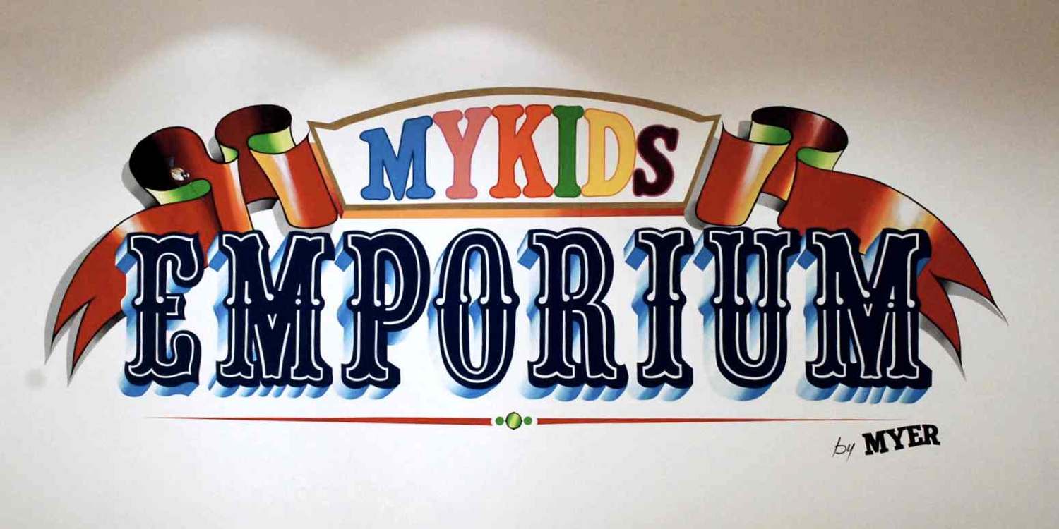 Image of myers mykids emporium hand painted sign 4 1500w