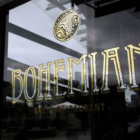 Bohemian Bar & Restaurant, Docklands, Melbourne. 24kt Gold & Silver Leaf Blended Effect Window.